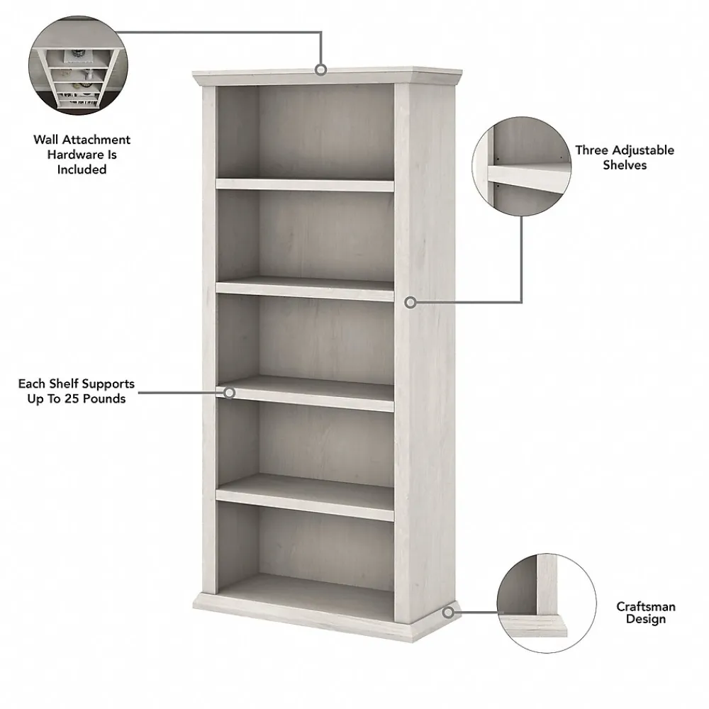 Bookcases*Bush Furniture Yorktown 67"H 5-Shelf Bookcase with Adjustable Shelves, Linen White Oak Laminated Wood (WC40466-03)