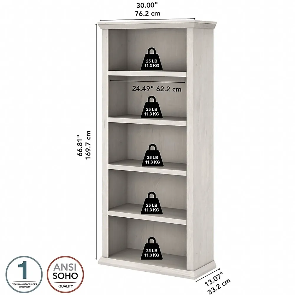 Bookcases*Bush Furniture Yorktown 67"H 5-Shelf Bookcase with Adjustable Shelves, Linen White Oak Laminated Wood (WC40466-03)