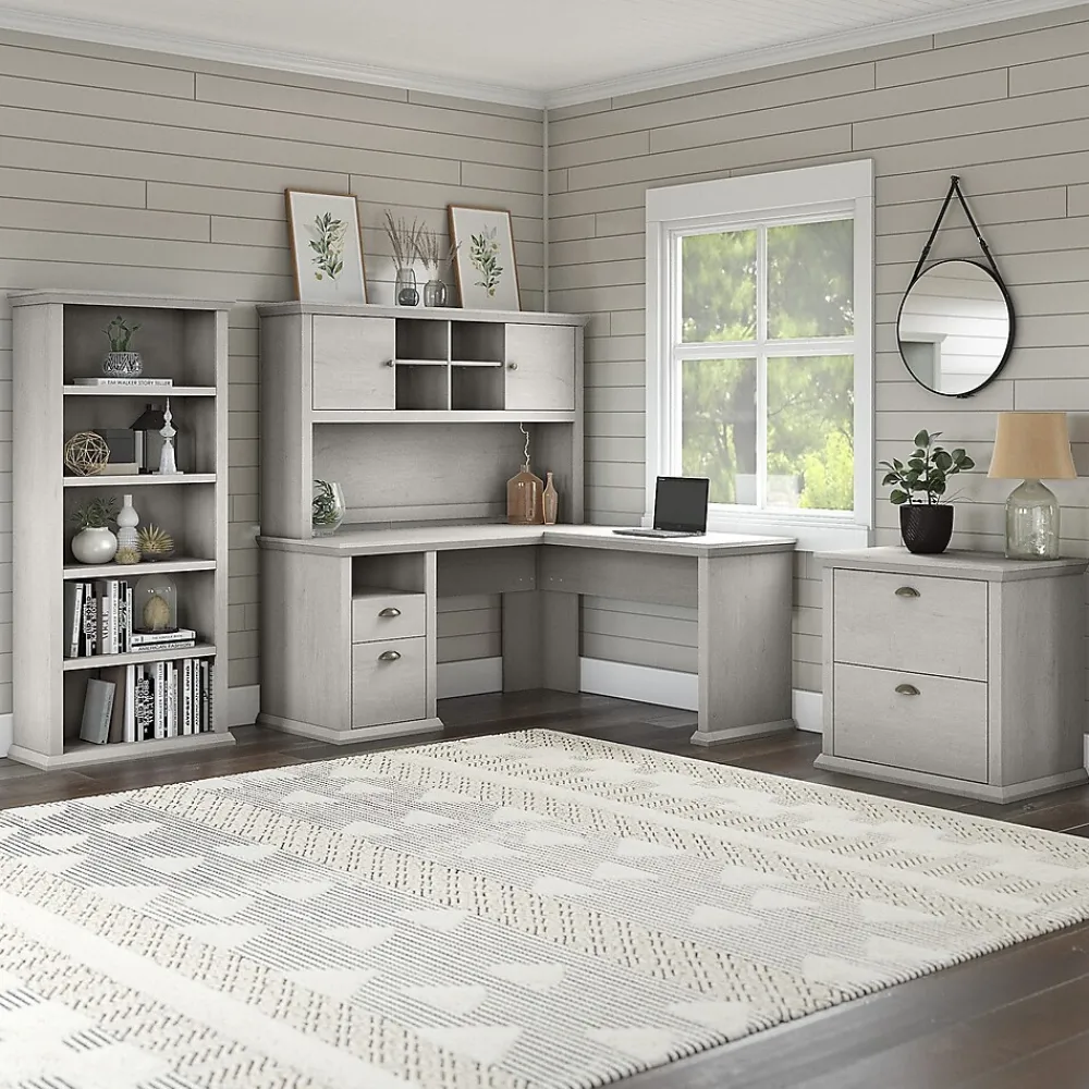 Bookcases*Bush Furniture Yorktown 67"H 5-Shelf Bookcase with Adjustable Shelves, Linen White Oak Laminated Wood (WC40466-03)