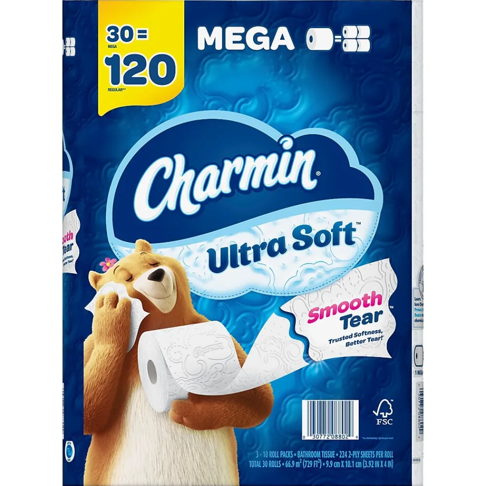 Ultra Soft Mega Toilet Paper, 2-Ply, White, 224 Sheets/Roll, 30 Rolls/Pack (01537)<Charmin
