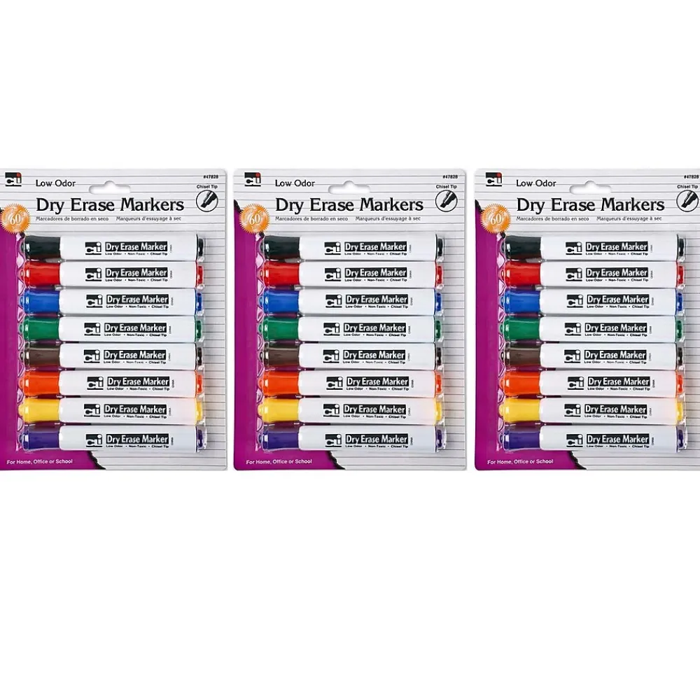 Markers|CLI Dry Erase Markers, Chisel Tip, Assorted, 8/Pack, 3 Packs (CHL47828-3)