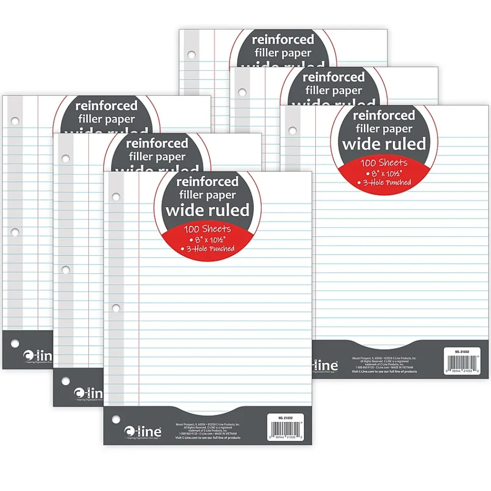 Filler Paper|C-Line Reinforced Wide Ruled Filler Paper, 8" x 10.5", 3-Hole Punched, 100 Sheets/Pack, 6/Bundle (CLI21032-6)