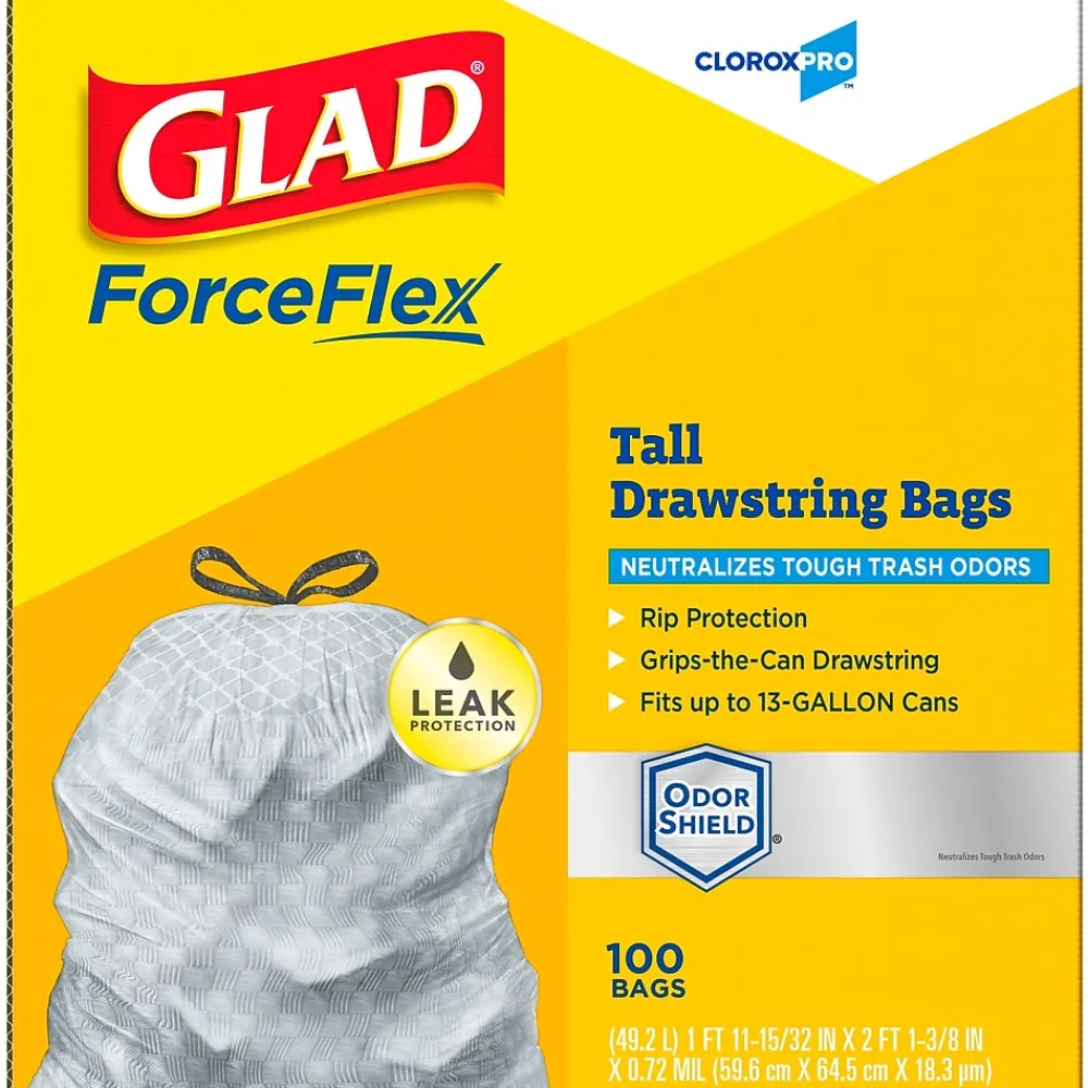 CloroxPro ForceFlex 13 Gallon Tall Kitchen Trash Bag, 23.75" x 24.88", Low Density, .72 mil, Gray, 100/Box (70427)<Glad Hot