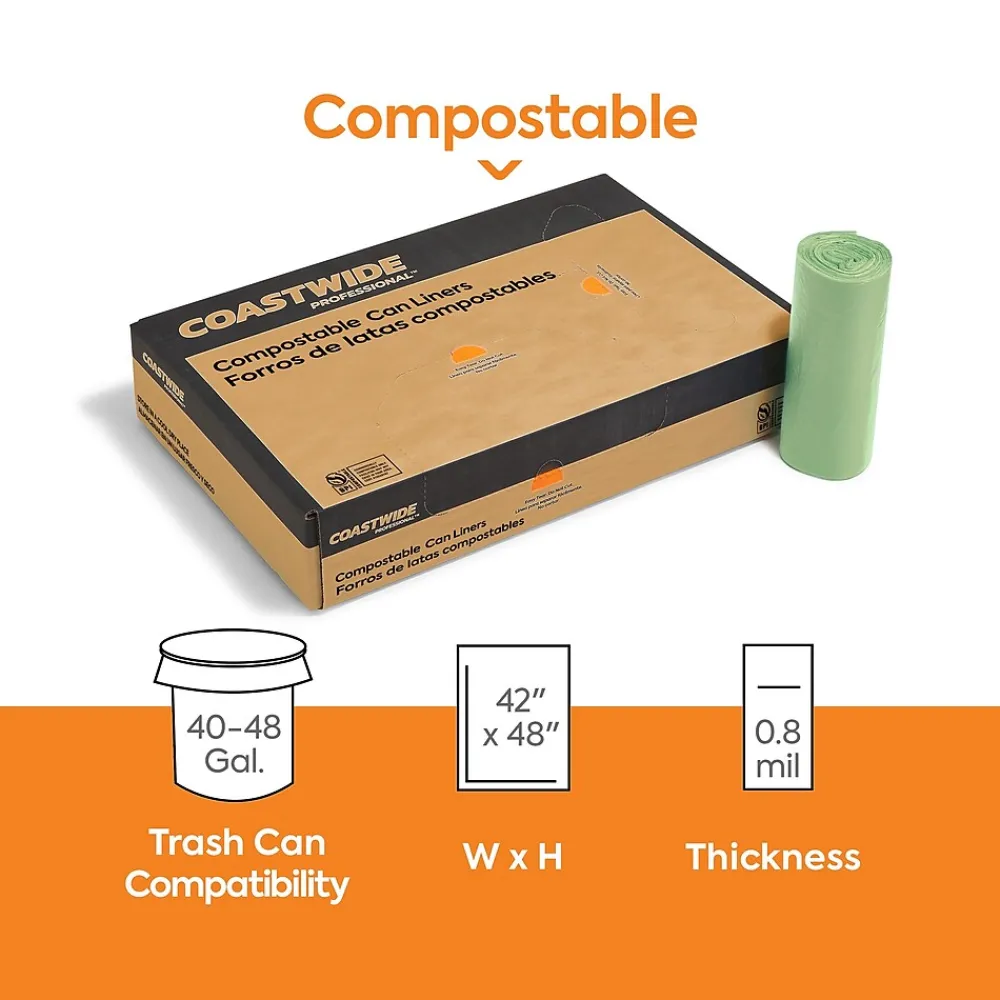 ™ 40-48 Gallon Compostable Bag, 42" x 48", Low Density, 0.8 Mil, Green, 125 Bags/Box (CW62408)<Coastwide Professional Outlet