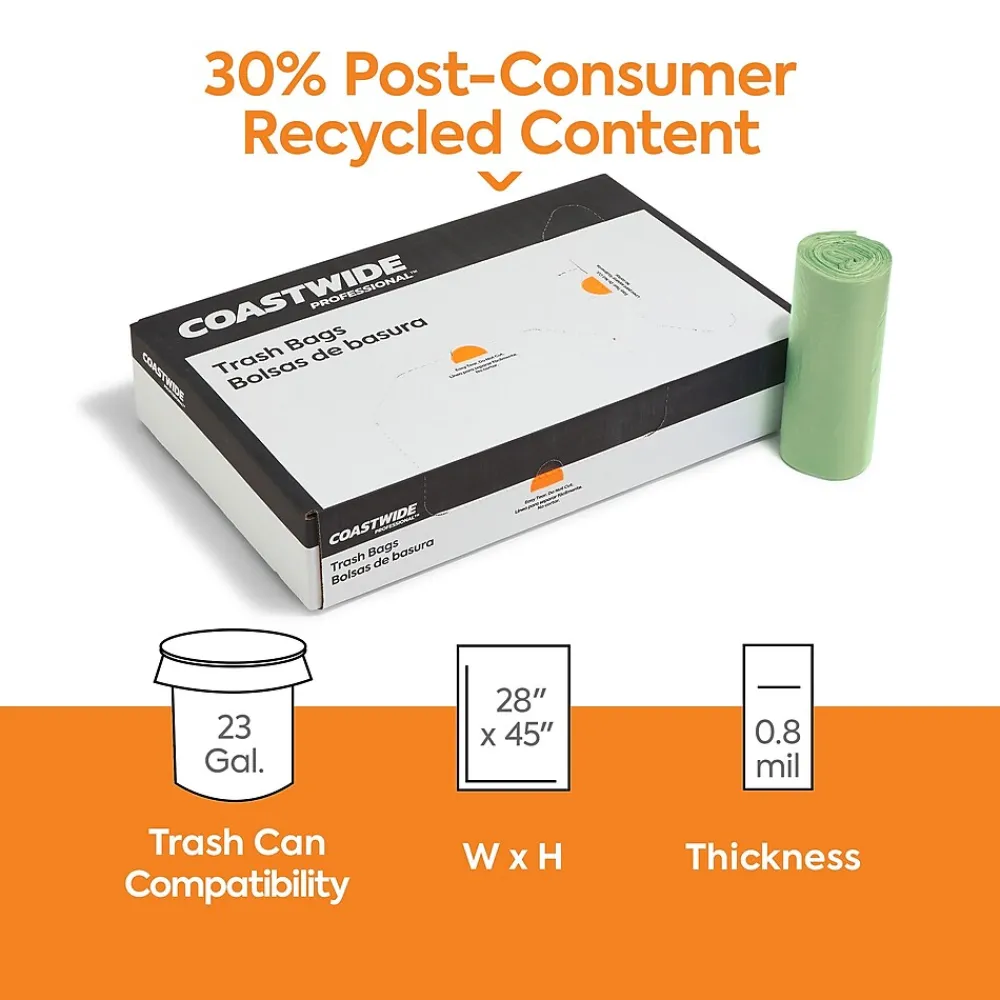™ 23 Gallon Trash Bag with 30% PCR, 28" x 45", Low Density, 0.8 mil, Green, 250 Bags/Box (CW62411)<Coastwide Professional New