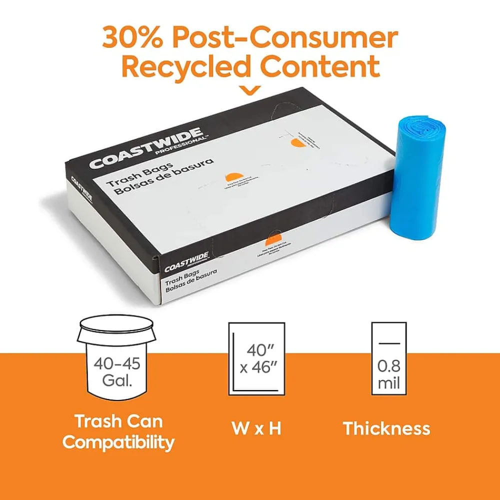 ™ 40-45 Gallon Trash Bag with 30% PCR, 40" x 46", Low Density, 0.8 mil, Blue, 150 Bags/Box (CW62412)<Coastwide Professional Best