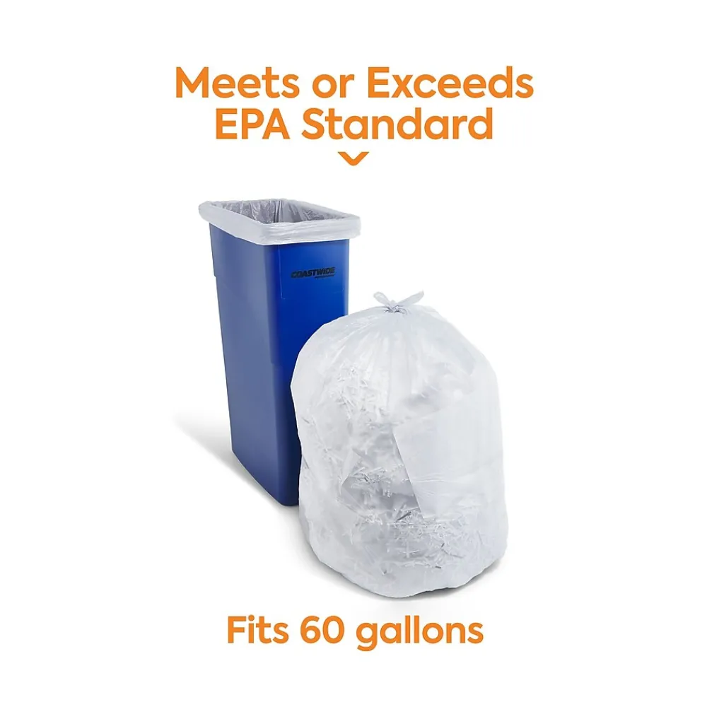 ™ 60 Gallon Trash Bag with 30% PCR, 38" x 58", Low Density, 0.8 mil, Clear, 100 Bags/Box (CW62413)<Coastwide Professional Best