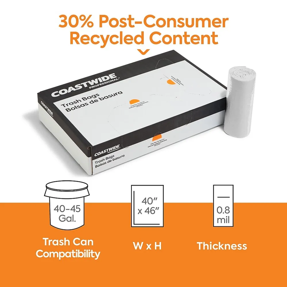 ™ 40-45 Gallon Trash Bag with 30% PCR, 40" x 46", Low Density, 0.8 mil, Clear, 150 Bags/Box (CW62415)<Coastwide Professional Best