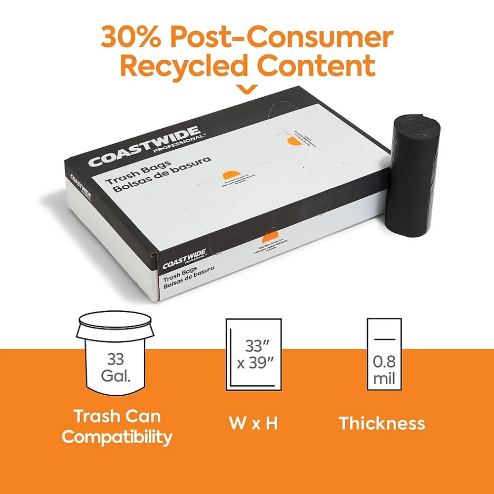 ™ 33 Gallon Trash Bag with 30% PCR, 33" x 39", Low Density, 0.8 mil, Black, 200 Bags/Box (CW62416)<Coastwide Professional Discount