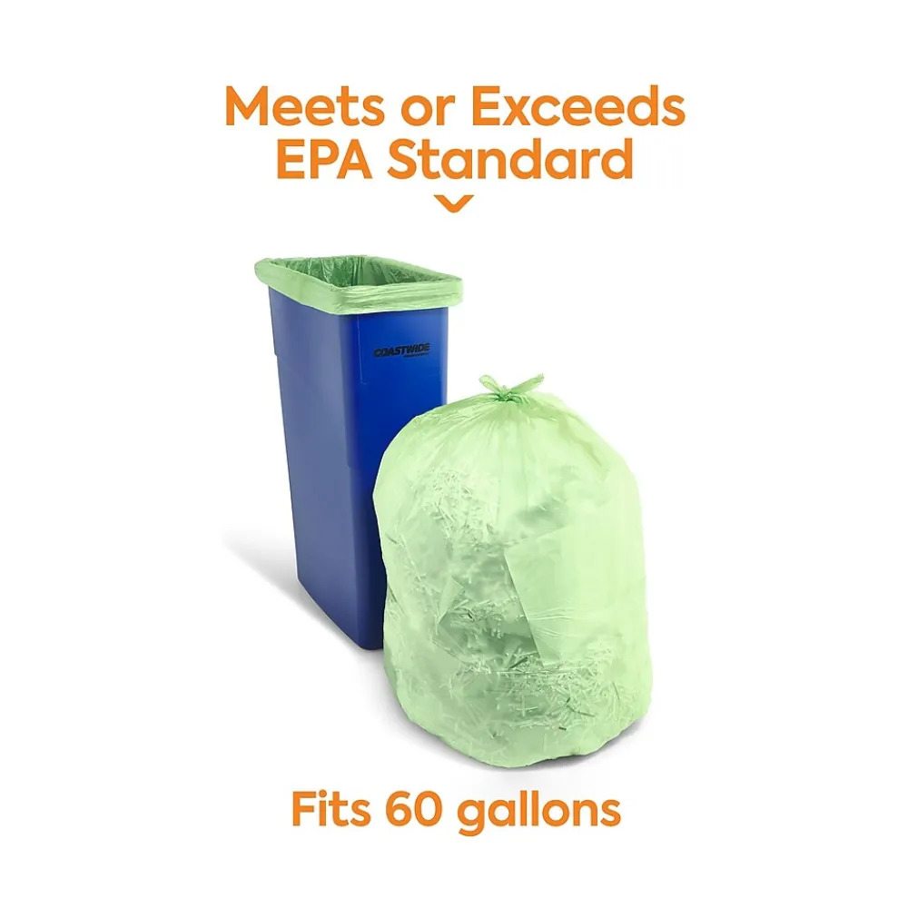 ™ 60 Gallon Trash Bag with 30% PCR, 38" x 58", Low Density, 0.8 mil, Green, 100 Bags/Box (CW62423)<Coastwide Professional Clearance
