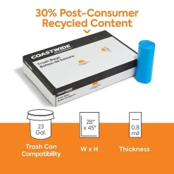 ™ 23 Gallon Trash Bag with 30% PCR, 28" x 45", Low Density, 0.8 mil, Blue, 250 Bags/Box (CW62424)<Coastwide Professional Clearance