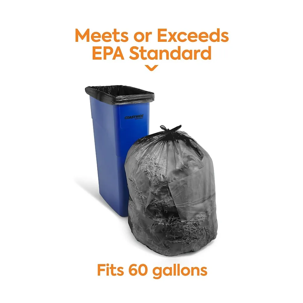 ™ 60 Gallon Trash Bag with 30% PCR, 38" x 58", Low Density, 0.8 mil, Black, 100 Bags/Box (CW62425)<Coastwide Professional Clearance