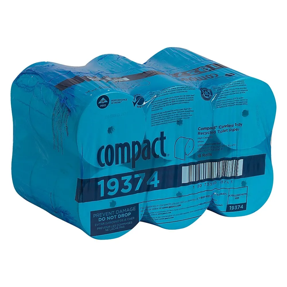 Recycled 1-Ply Coreless Toilet Paper, White, 3000 Sheets/Roll, 18 Rolls/Carton (19374)<Compact Online