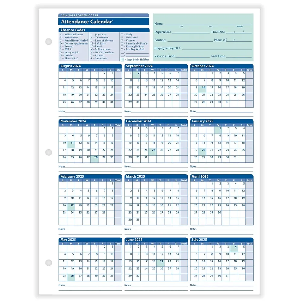 Hr Forms*ComplyRight 2024-2025 Academic Attendance Calendar, 50/Pack (A43005015)