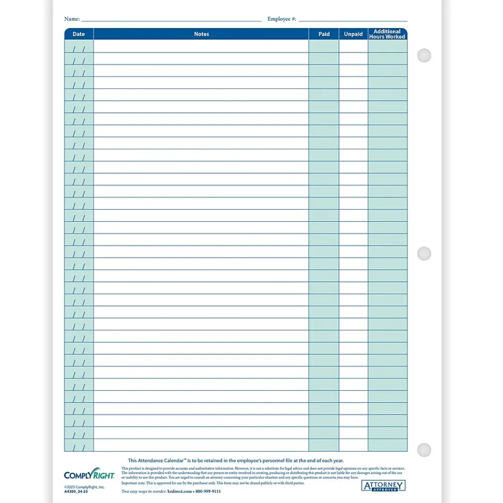 Hr Forms*ComplyRight 2024-2025 Academic Attendance Calendar, 50/Pack (A43005015)