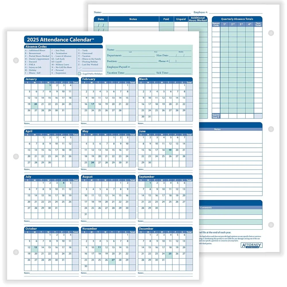 Hr Forms*ComplyRight 2025 Attendance Calendar Set, 50 Forms/Pack (A1411W16PK50)