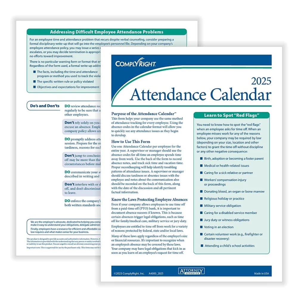 Hr Forms*ComplyRight 2025 Attendance Calendar Set, 25 Forms/Pack (A1411W16PK25)