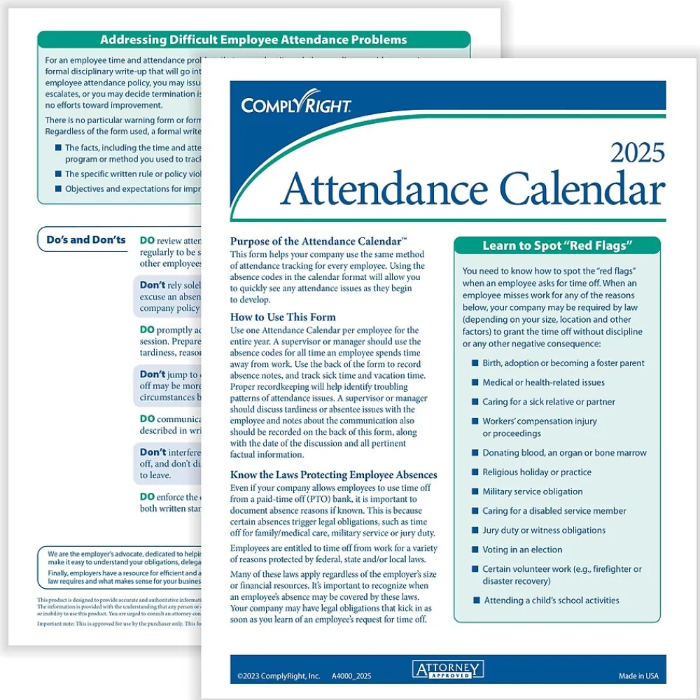 Hr Forms*ComplyRight 2025 Attendance Calendar Card, 25 Forms/Pack (A4000W25)