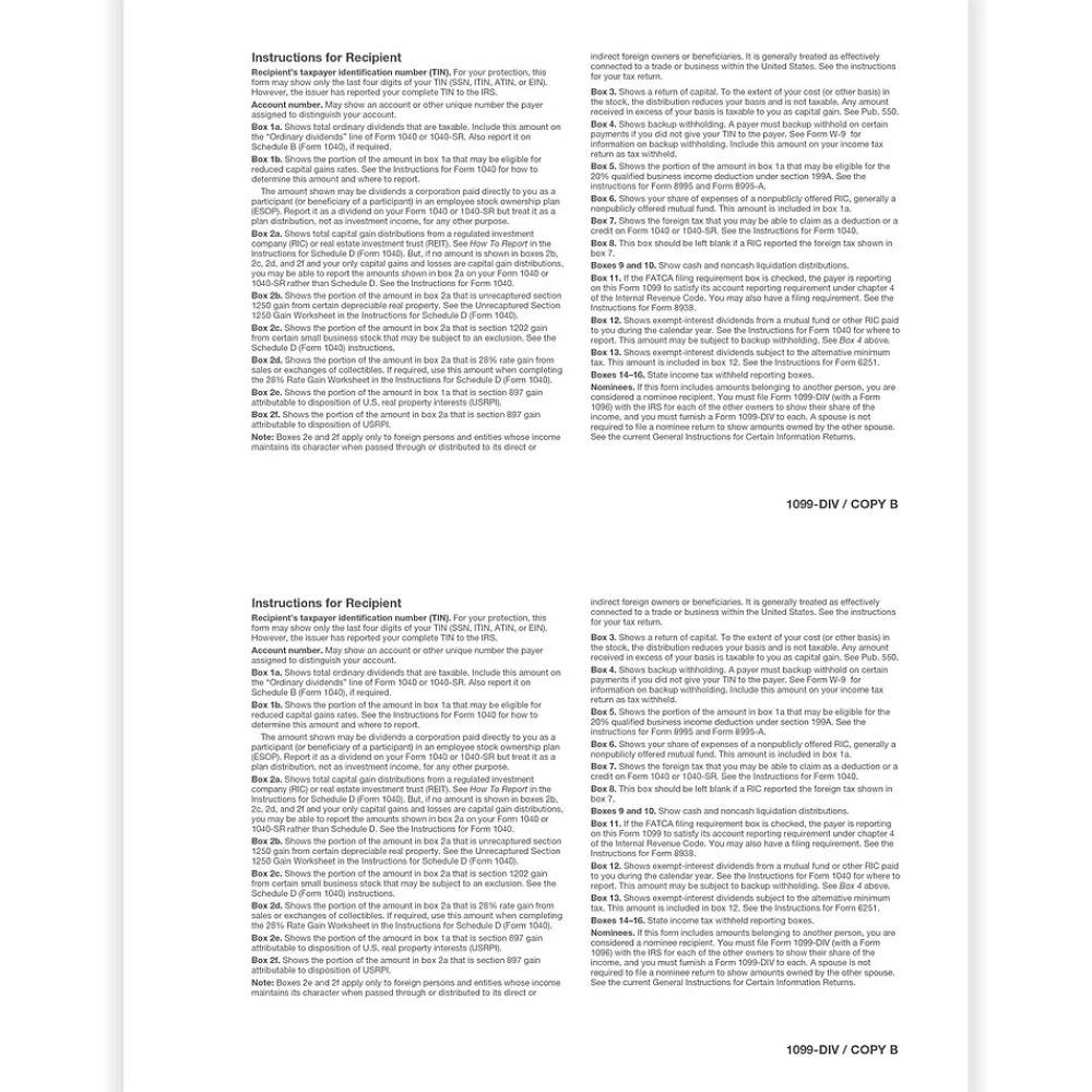 Tax Forms*ComplyRight 2024 1099-DIV Tax Form, 1-Part, 2-Up, Recipient Copy B, 50/Pack (513150)