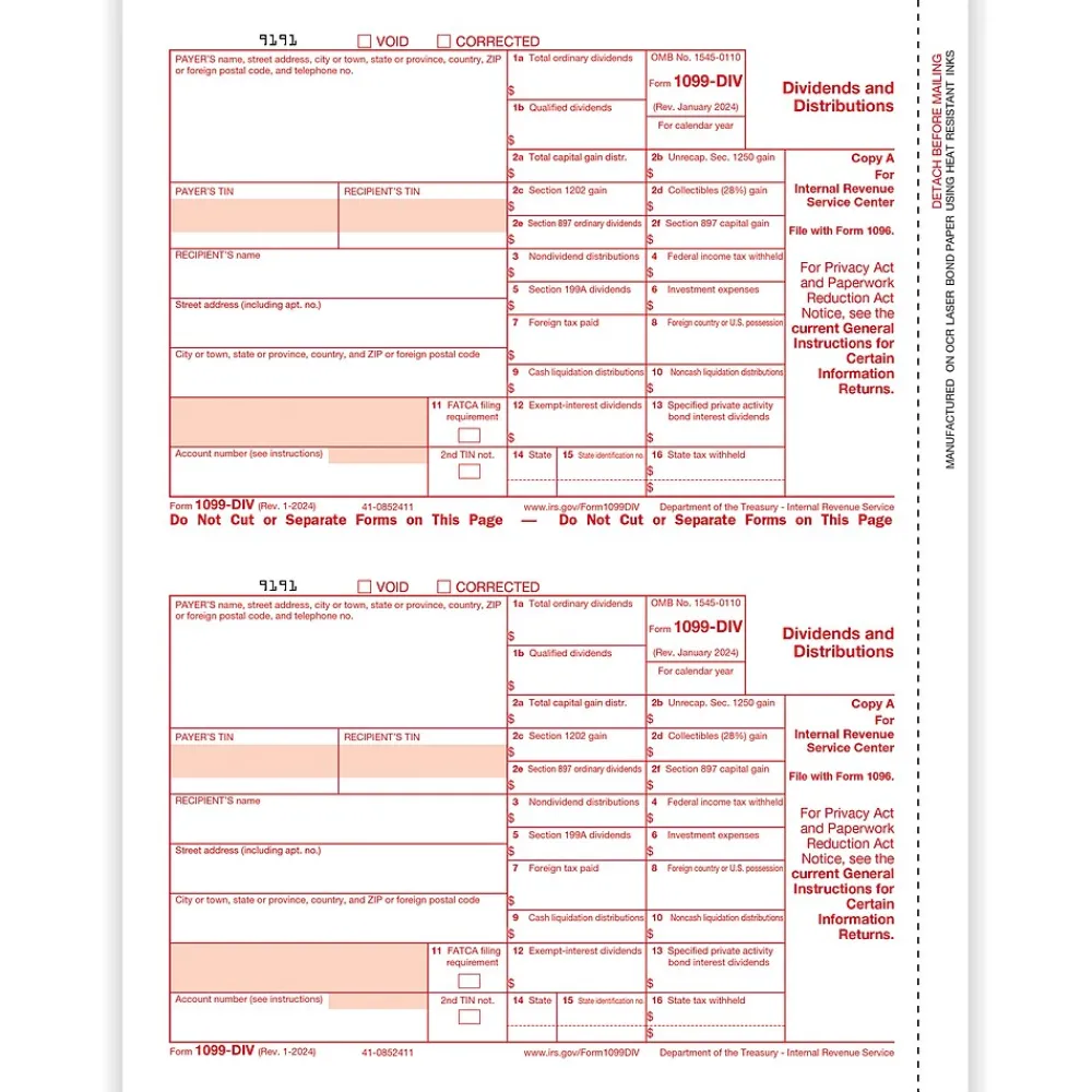 Tax Forms*ComplyRight 2024 1099-DIV Tax Form, 1-Part, 2-Up, Federal Copy A, 50/Pack (513050)