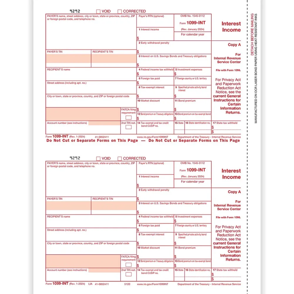 Tax Forms*ComplyRight 2024 1099-INT Tax Form, 1-Part, 2-Up, Copy A, 50/Pack (512050)