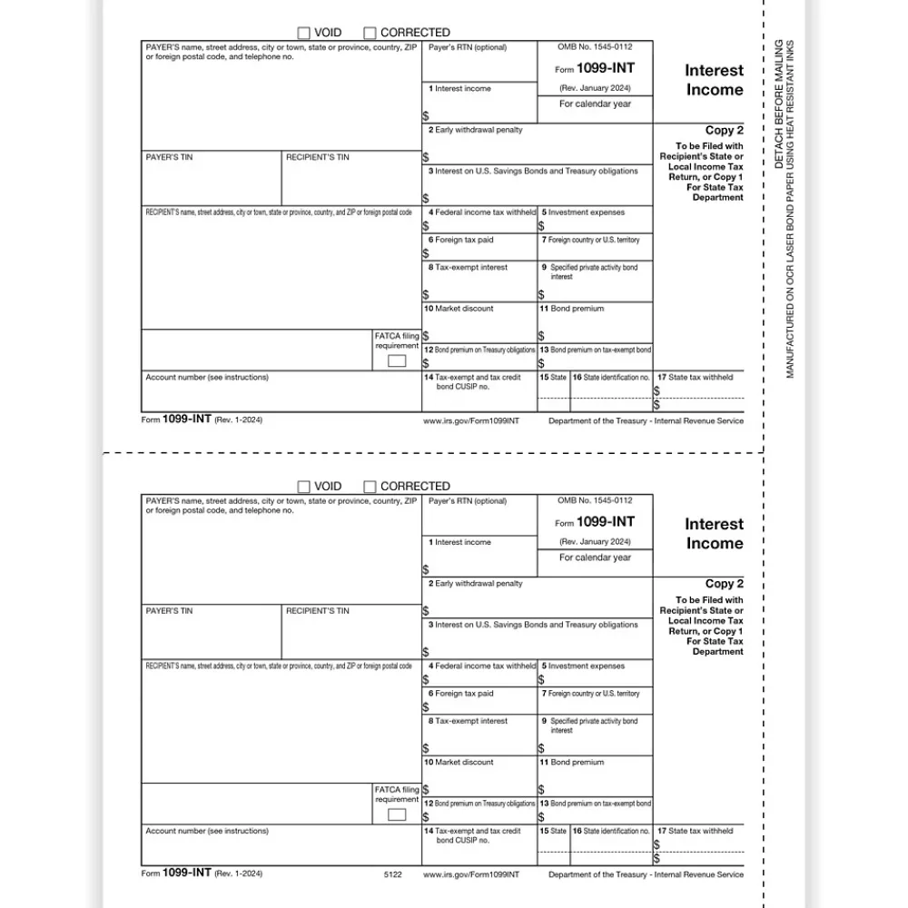 Tax Forms*ComplyRight 2024 1099-INT Tax Form, 1-Part, 2-Up, Copy C, 50/Pack (512250)