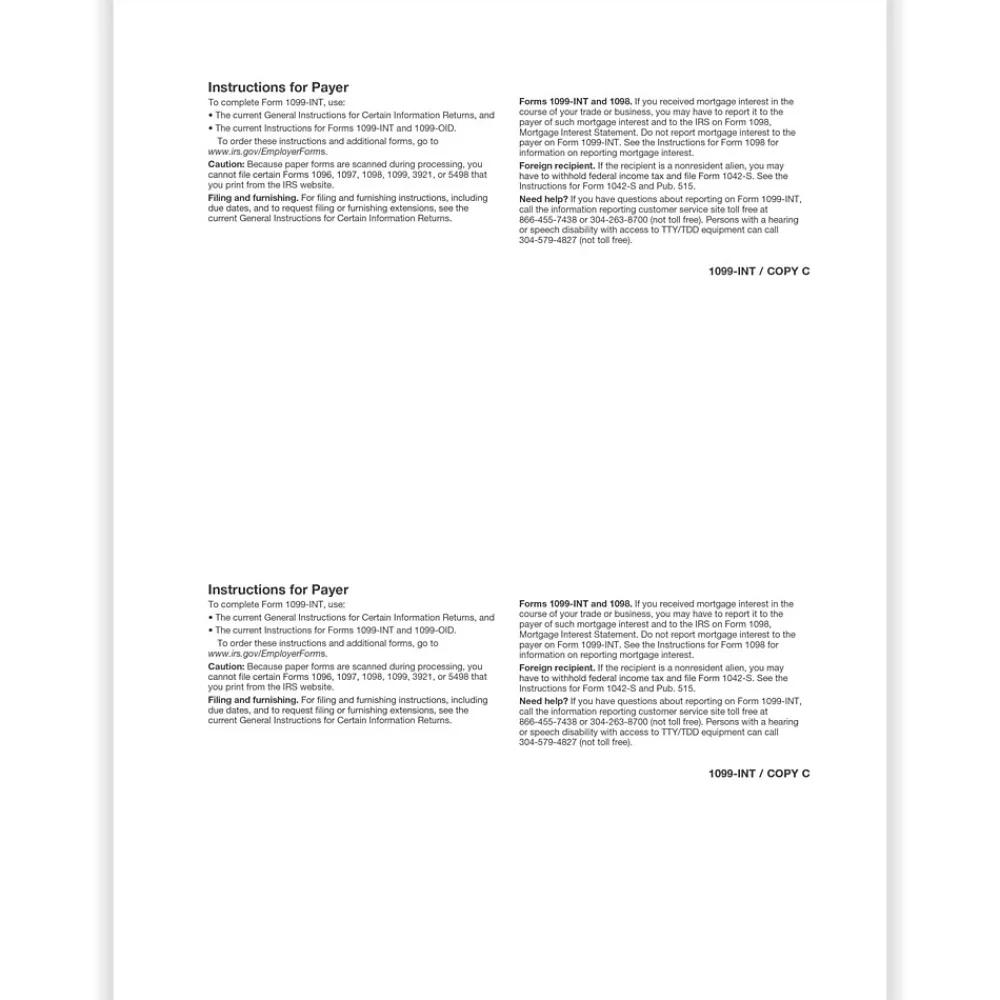 Tax Forms*ComplyRight 2024 1099-INT Tax Form, 1-Part, 2-Up, Copy C, 50/Pack (512250)