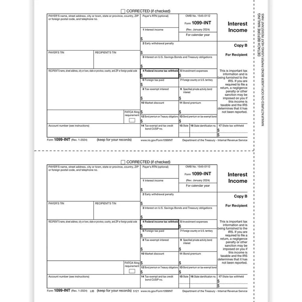 Tax Forms*ComplyRight 2024 1099-INT Tax Form, 1-Part, 2-Up, Copy B, 50/Pack (512150)
