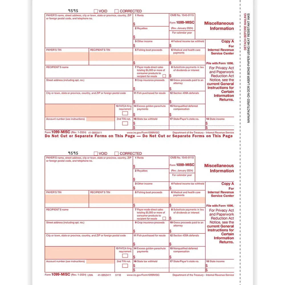 Tax Forms*ComplyRight 2024 1099-MISC Tax Form, 1-Part, 2-Up, Federal Copy A, 50/Pack (511050)