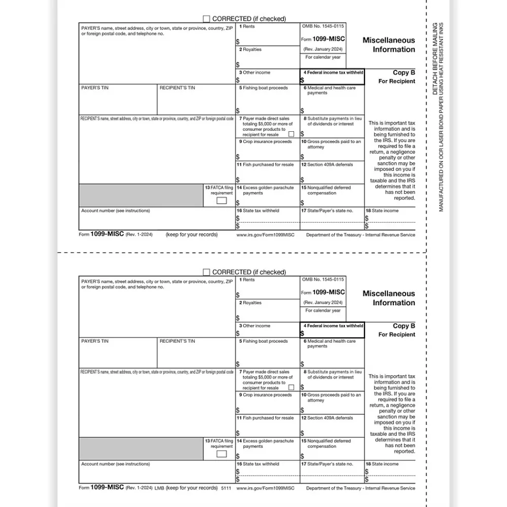 Tax Forms*ComplyRight 2024 1099-MISC Tax Form, 1-Part, 2-Up, Recipient Copy B, 50/Pack (511150)