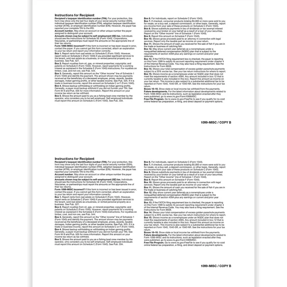 Tax Forms*ComplyRight 2024 1099-MISC Tax Form, 1-Part, 2-Up, Recipient Copy B, 50/Pack (511150)