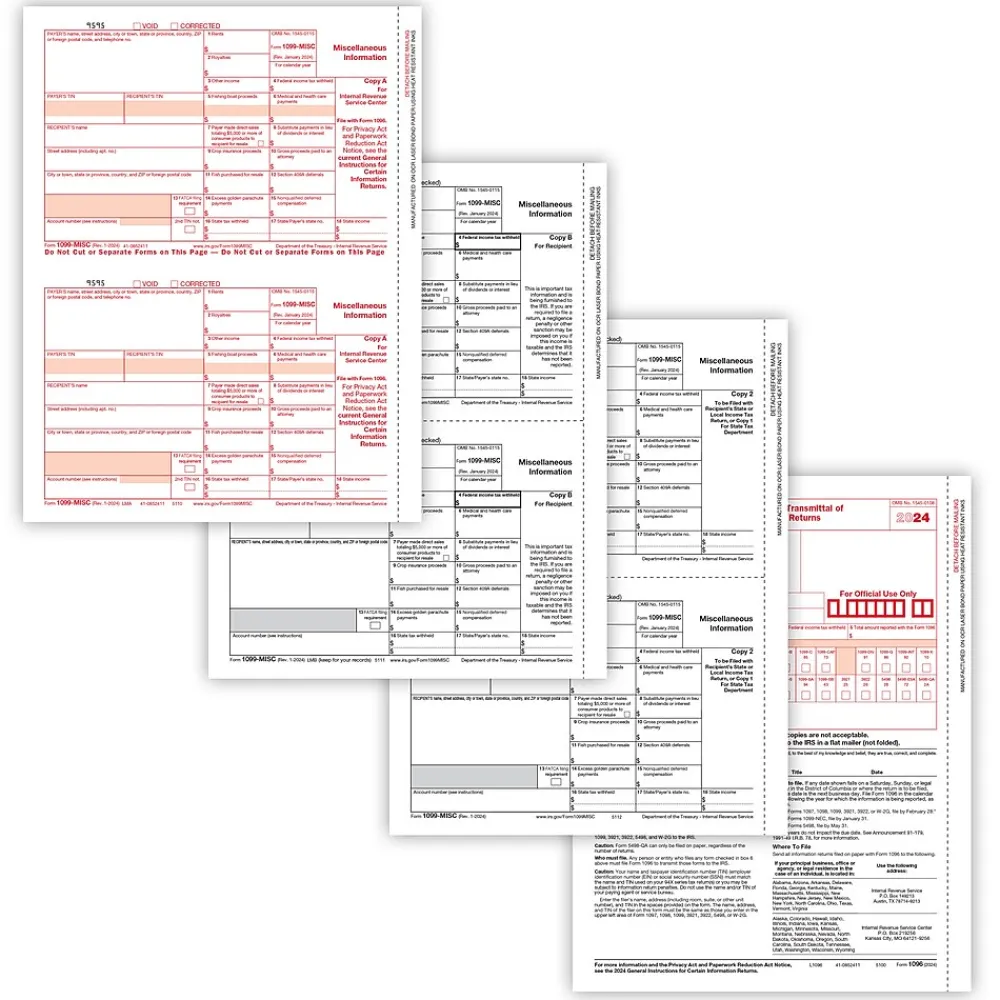 Tax Forms*ComplyRight 2024 1099-MISC Tax Form, 4-Part, 2-Up, Copy A, B, C/2, 1096 Transmittal, 100/Pack (6103100)