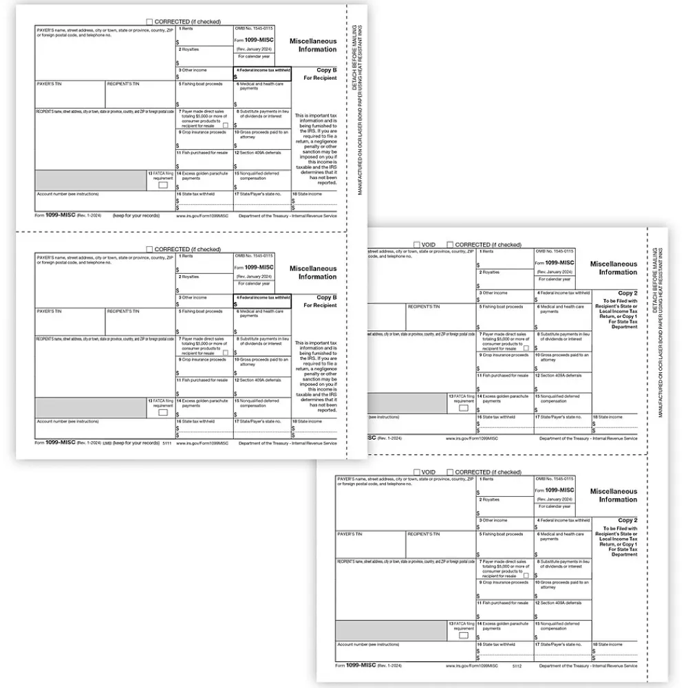 Tax Forms*ComplyRight 2024 1099-MISC Tax Form Recipient Copy Only, 3-Part, 2-Up, Copy B, C/2, 25/Pack (611325)