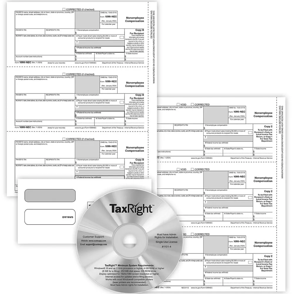 Tax Forms*ComplyRight 2024 1099-NEC Recipient Copy Only Tax Form, Envelopes and TaxRight Software, 3-Part, 2-Up, White, 50/Pack