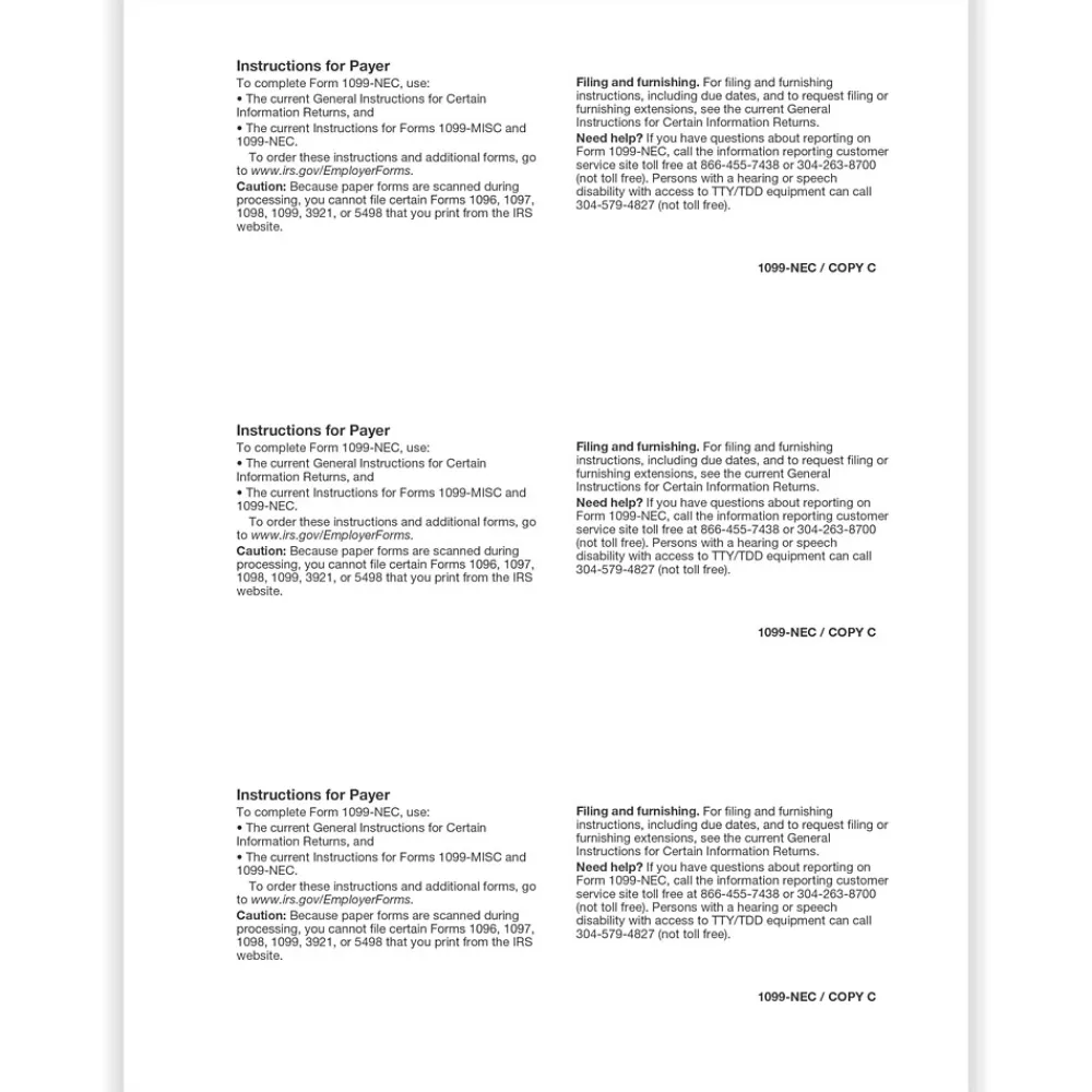 Tax Forms*ComplyRight 2024 1099-NEC Tax Form, 1-Part, 3-Up, Payer Copy C, 50/Pack (NEC511250)