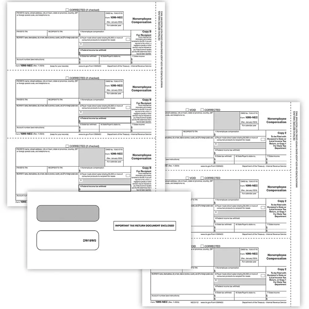 Tax Forms*ComplyRight 2024 1099-NEC Tax Form Envelopes/Recipient Copy Only, 2-Part, 3-Up, Copy B, C/2, 50/Pack (NEC6113E)