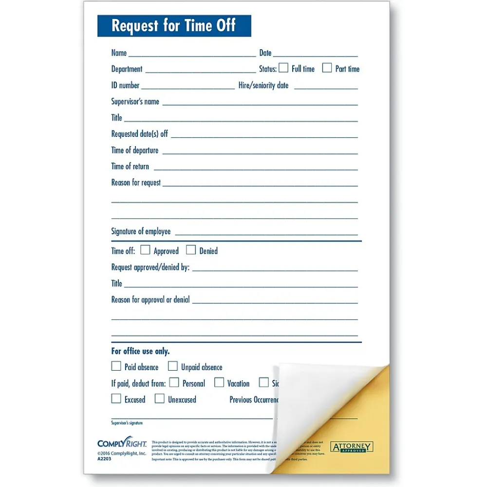 Hr Forms*ComplyRight 2 Part Small Request for Time Off, Pack of 50 (A2203)