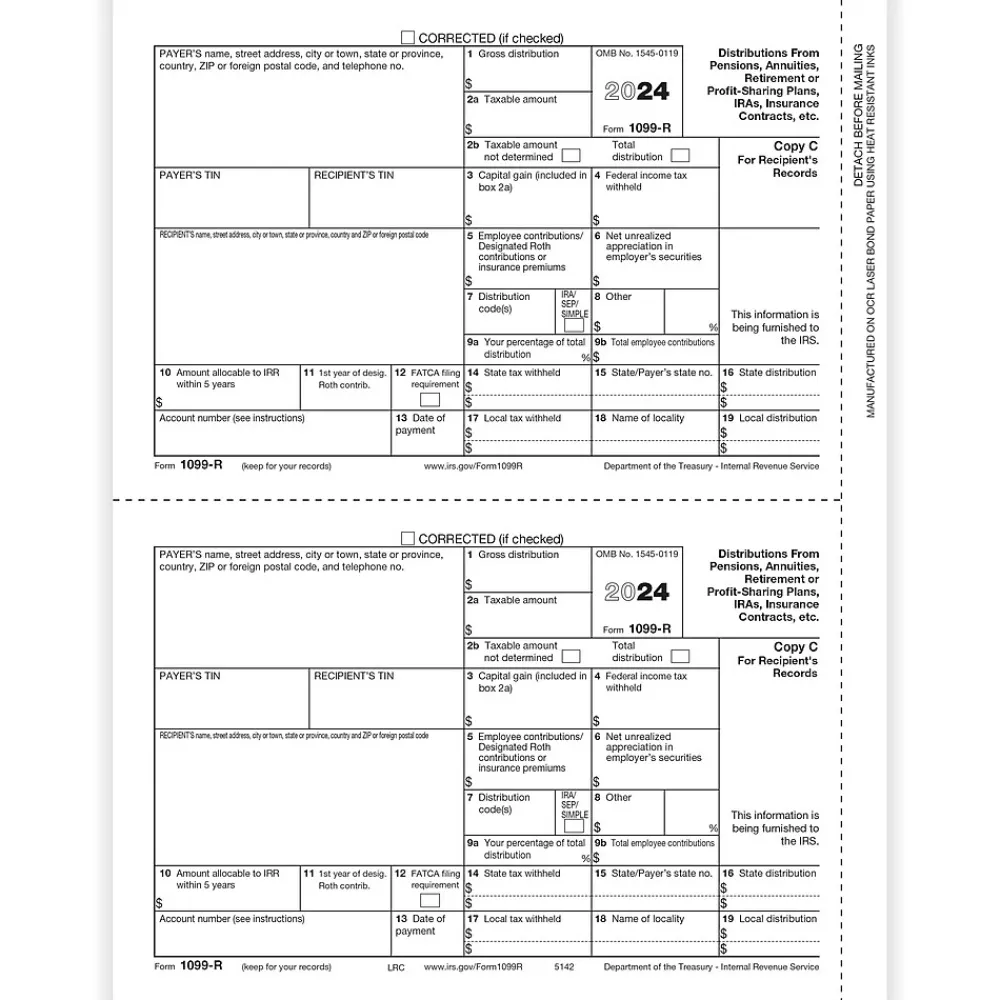 Tax Forms*ComplyRight 2024 1099-R Tax Form, 1-Part, 2-Up, Recipient Copy C, 50/Pack (514250)