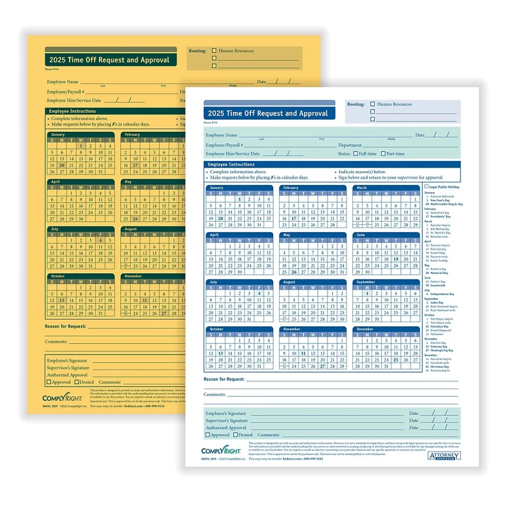 Hr Forms*ComplyRight 2025 Time Off Request and Approval Form, 2-Part, 50 Forms/Pack (A0030)
