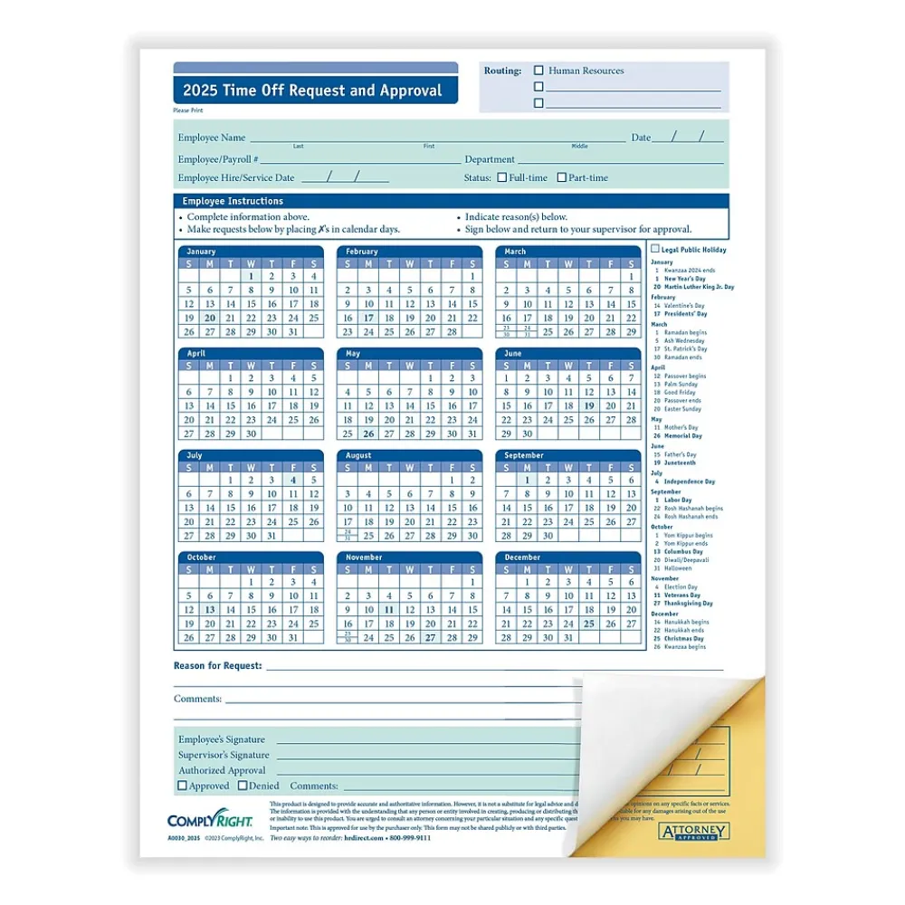 Hr Forms*ComplyRight 2025 Time Off Request and Approval Form, 2-Part, 50 Forms/Pack (A0030)