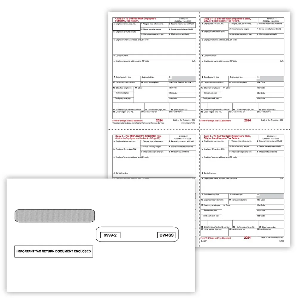 Tax Forms*ComplyRight 2024 W-2 Tax Form Envelopes/Recipient Copy Only, 1-Part, 4-Up, Copy B, C, 2 and 2 combined, 50/Pack (5205E)