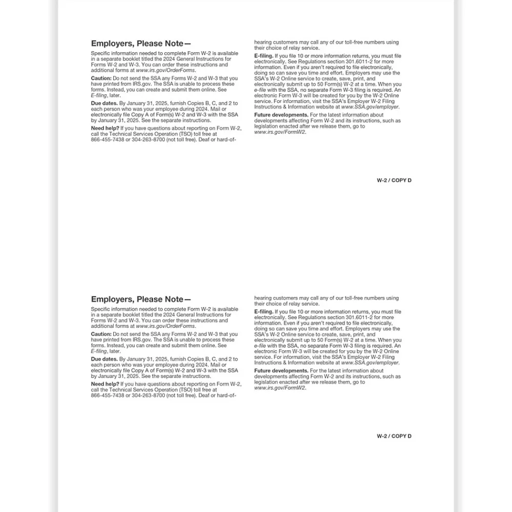 Tax Forms*ComplyRight 2024 W-2 Tax Form, 1-Part, 2-Up, Employer Copy D, 50/Pack (520450)