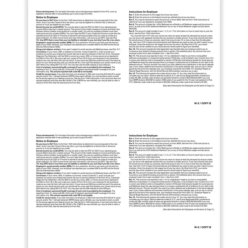 Tax Forms*ComplyRight 2024 W-2 Tax Form, 1-Part, 2-Up, Employee Copy B, 50/Pack (520250)