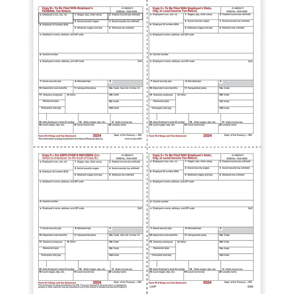 Tax Forms*ComplyRight 2024 W-2 Tax Form, 1-Part, 4-Up, Employee Copy B, C, and 2, 50/Pack (520550)
