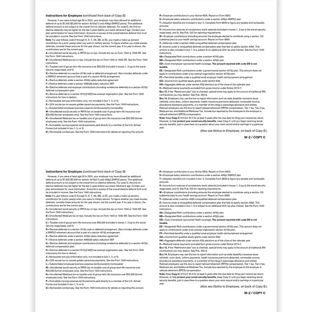 Tax Forms*ComplyRight 2024 W-2 Tax Form, 2-Part, 2-Up, Employee Copy C, 50/Pack (520350)