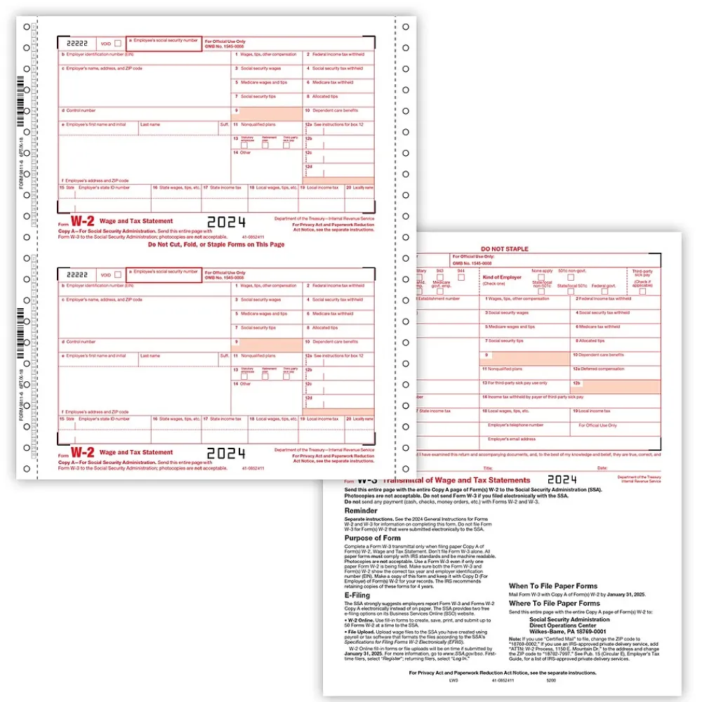 Tax Forms*ComplyRight 2024 W-2 Tax Form, 6-Part, 2-Up, Employer Copy A, 1/D, B, C, 2, 1/D, 25/Pack (9811625)