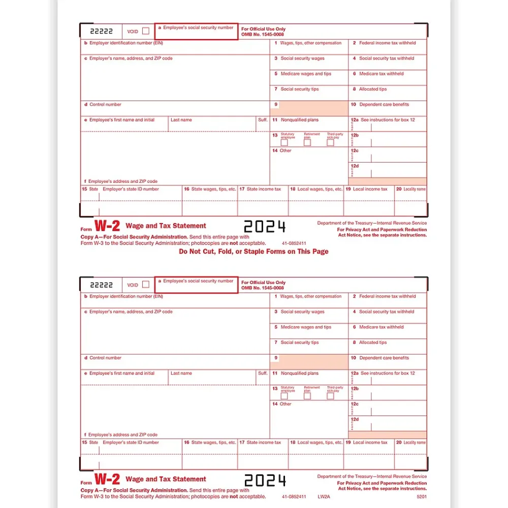 Tax Forms*ComplyRight 2024 W-2 Tax Form, 1-Part, 2-Up, Federal Copy A, 50/Pack (520150)