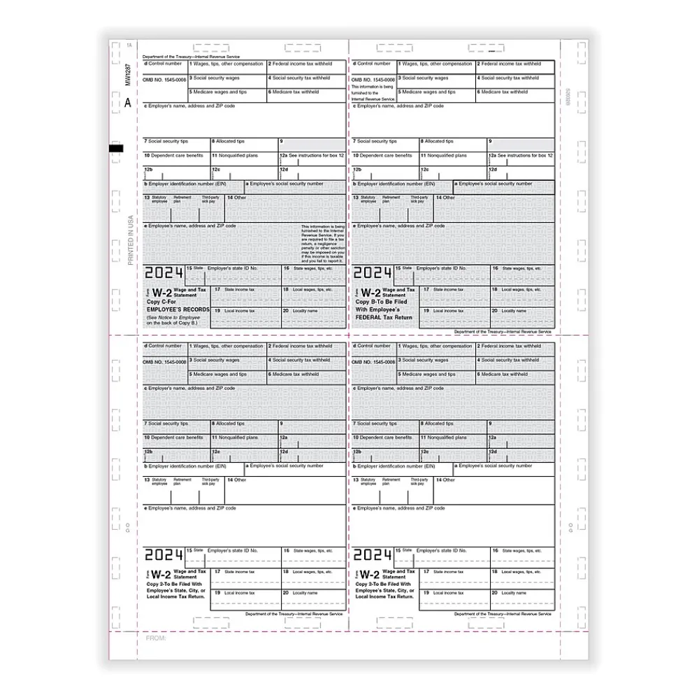 Tax Forms*ComplyRight 2024 W-2 Tax Form, 1-Part, 4-Up, Copy B, C, 2, or Extra, 500/Pack (PS1287)
