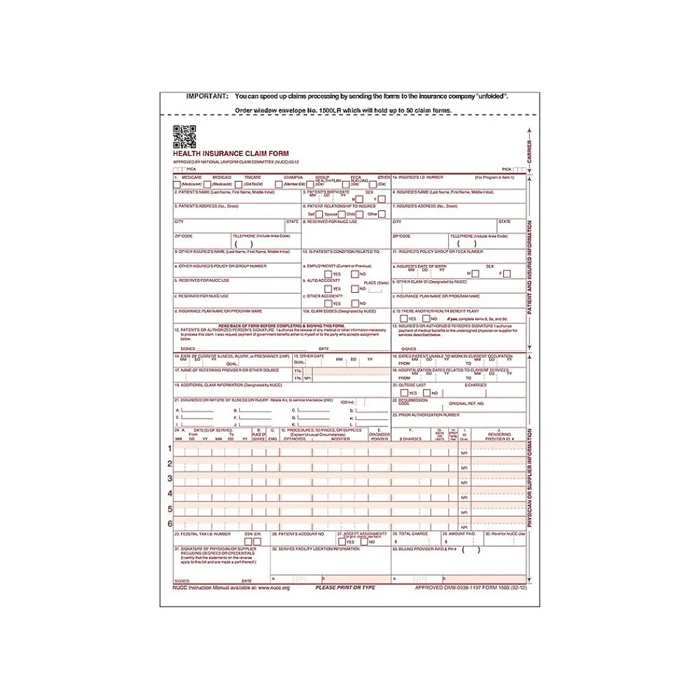 Medical Forms*ComplyRight ™ CMS-1500 Health Insurance Claim Form, 8.5" x 11" 100/Pack (650657)