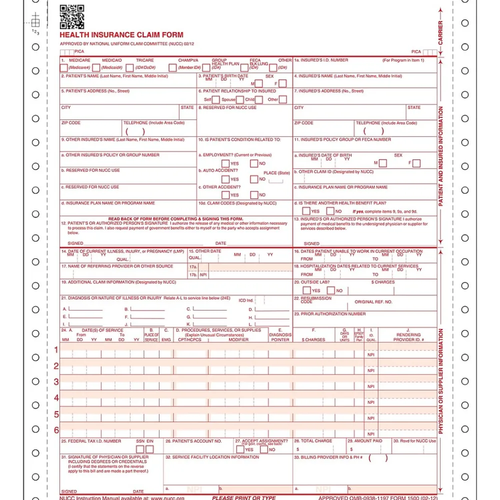 Medical Forms*ComplyRight ™ CMS-1500 Health Insurance Claim Form (02/12); 1-Part Continuous, 1,000/Carton